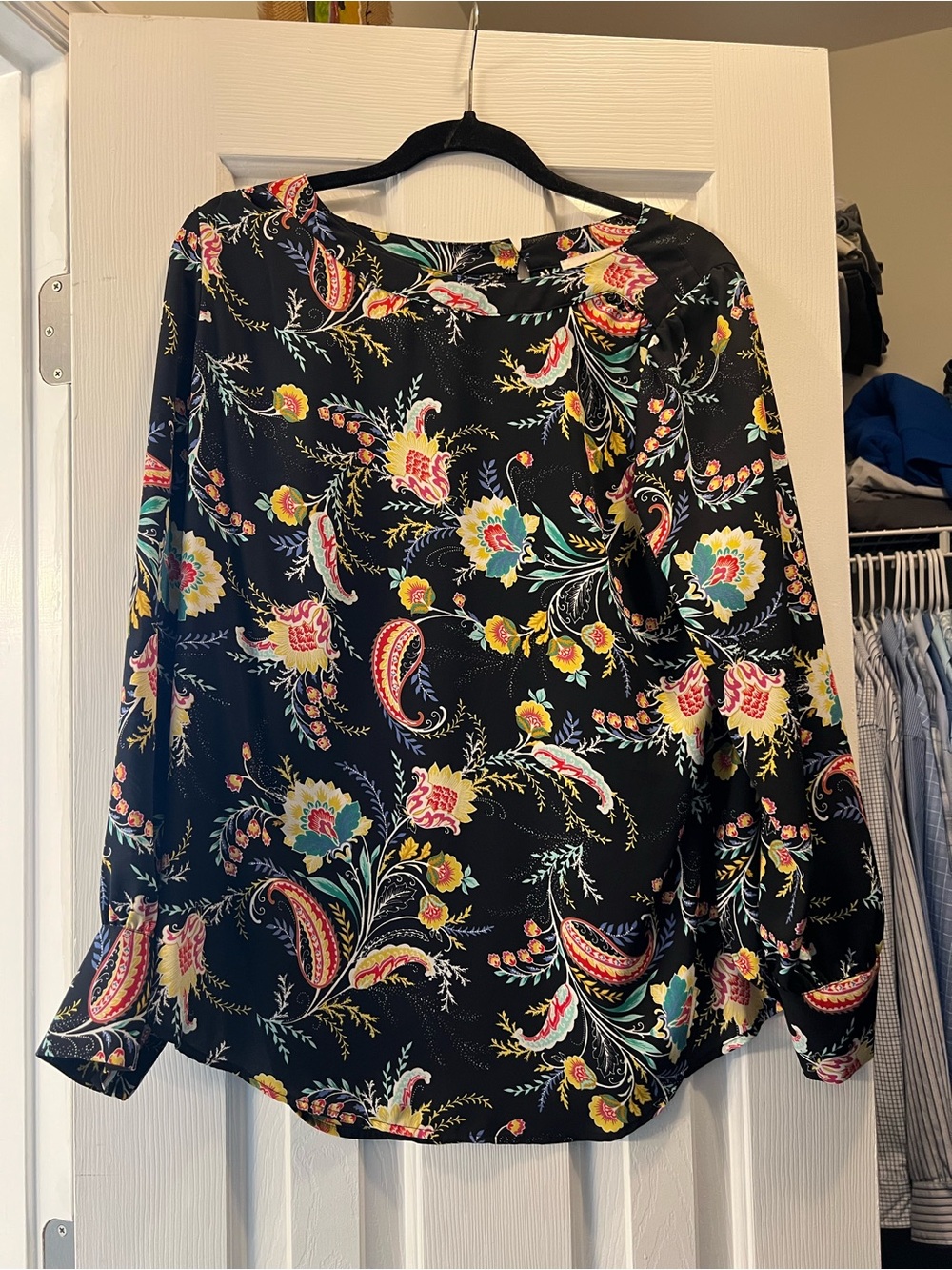 LOFT Black Floral Paisley Blouse with Yellow, Teal & Pink Accents